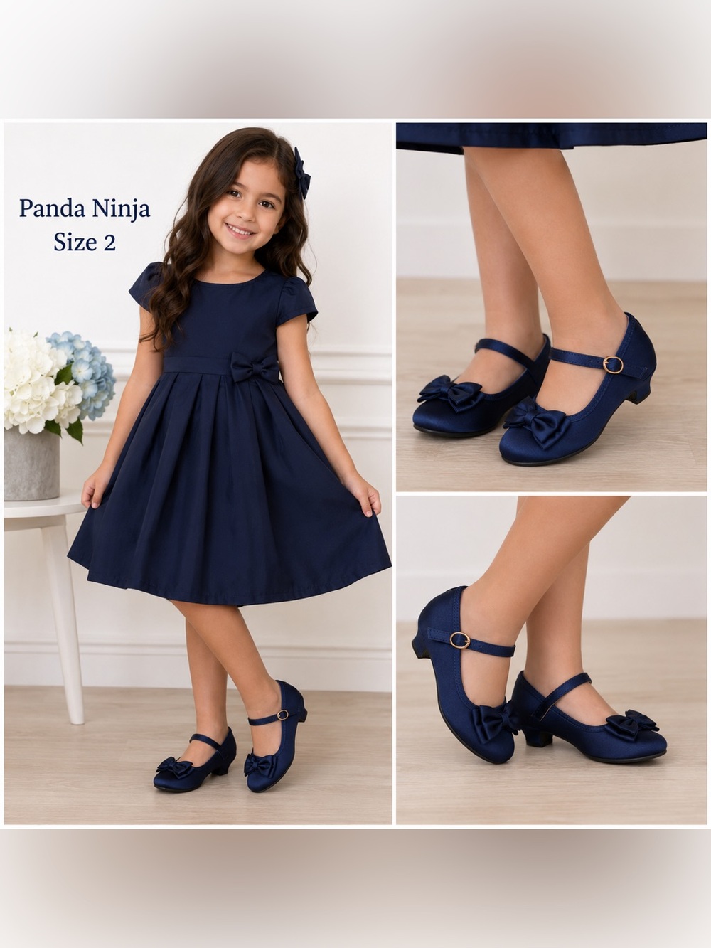 Panda Ninja Girls Navy Blue Satin Bow Mary Jane Dress Shoes Low Heel Size 2